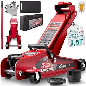 TRESKO Cric idraulico 2,5 T, altezza di sollevamento 85-385 mm, con valigetta, idraulico, piatto, per auto basse, ruote a 360°, include 2 cuscinetti in gomma, tappetino per ginocchia
