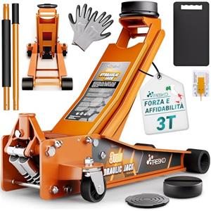 TRESKO Cric idraulico 3T altezza di sollevamento 75 - 510 mm | Cric idraulico per auto piatto con doppio pistone e ruote a 360°, sollevatore con 2 cuscinetti in gomma, tappetino protettivo, guanti e