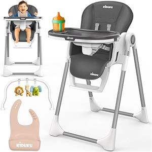 KIDUKU® Seggiolone Pappa Neonato 3 in 1 con Riduttore & Bavaglino | Seggiolone Pieghevole per Bebè e Bambini con Arco Giochi | Sedia Evolutiva Regolabile 7 Livelli | Crescita 0-36 Mesi (Grigio scuro)
