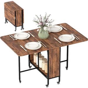 HOMCOM Tavolo da Pranzo Pieghevole, Tavolo a Ribalta per 4-6 Persone, Tavolo da Cucina Salvaspazio Moderno con Ripiano e 6 Ruote, in Metallo, 130x80x74 cm, Marrone Rustico