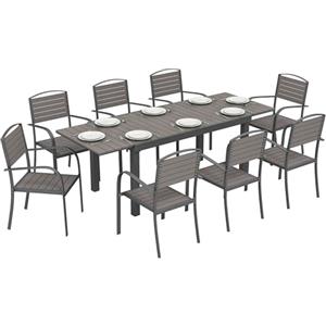 Outsunny Set Tavolo e Sedie da Giardino 9 Pezzi, Set Pranzo Esterno con Tavolo da Giardino Allungabile con Piano in Plastica-Legno, 8 Sedie a Doghe, Struttura in Alluminio per Terrazza Balcone, Grigio