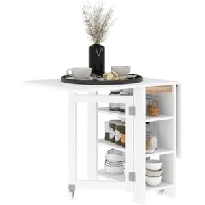 HOMCOM Tavolo da Pranzo Pieghevole, Tavolo a Ribalta con Ruote per 4 Persone, Scrivania Richiudibile Salvaspazio con 2 Ribalte e Ripiani, Ideale per Soggiorno, Casa, Ufficio, 120x60x75 cm, Bianco