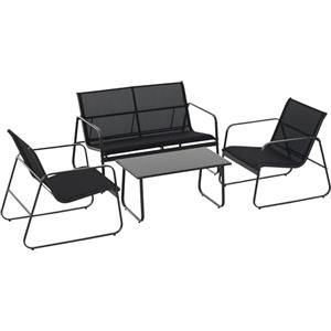 Outsunny Set Salotto da Giardino da 4 Pezzi, con Divanetto da Esterno a 2 Posti, 2 Sedie e Tavolo da Caffè in Vetro Temperato, Set di Mobili da Giardino in Metallo e Texteline, Nero