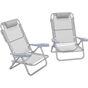 Outsunny Set 2 Sedie da Campeggio Pieghevoli con Poggiatesta Imbottito, Sedia da Pesca con Schienale Regolabile su 6 Livelli in Alluminio e Schiuma, 62x65x80 cm, Grigio Chiaro