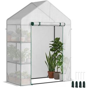 Outsunny Serra da Giardino in Acciaio e Copertura PE, Serra per Piante con 2 Scaffali e Porta Avvolgibile, 143x73x195cm, Bianco