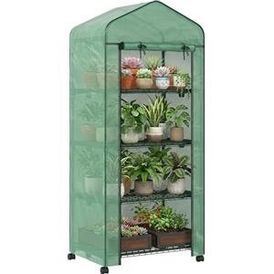 Outsunny Serra da Balcone a 4 Livelli con Porta Avvolgibile e 4 Rotelle, Serra per Orto con Struttura in Acciaio e Copertura in PE per Orto, Verdure, Fiori e Frutta, 69x50x165 cm Verde