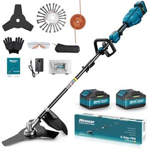 RINOXAR Decespugliatore a Batteria, Tagliabordi a Batteria 26 cm con Motore Anteriore Brushless, 2 x 5200mAh, 8000/12000 Giri/min, 3 Lame, Asta Regolabile, per Prato, Erba Alta, Bordi e Giardino