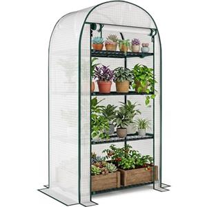 Outsunny Serra da Balcone a 4 Ripiani con Porta Avvolgibile, Serra per Orto con Struttura in Acciaio e Copertura PE, per Piante Orto Verdure Fiori Frutta, Anti UV, 80x50x160 cm, Bianco