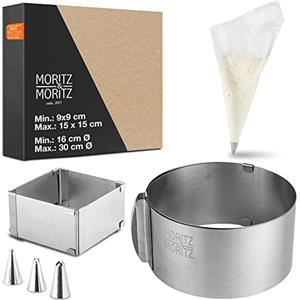 Moritz & Moritz Set stampo torta in acciaio inox - Regolabile a piacere - Coppa pasta quadrato e anello per torte regolabili per cuocere e decorare - Con 10 sac à poche e 3 bocchette