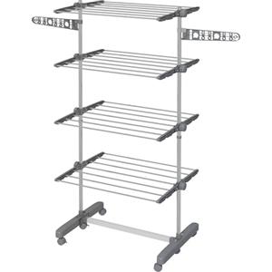 HOMCOM Stendibiancheria Verticale a Torre 4 Livelli Regolabili, Stendino Pieghevole Salvaspazio Estensibile in Acciaio Inox con 6 Ruote, Ganci, Grande Capacità, Interni, Balcone, 142x55x172cm, Grigio