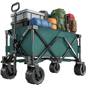 Outsunny Carrello da Campeggio 205L con 4 Ruote Ampie Grandi, Carrello Spiaggia Pieghevole in Acciaio e Tessuto Oxford con Maniglia Telescopica Regolabile, per Giardino Campeggio, Carico 70kg, Verde
