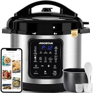 Aigostar Pentola a Pressione Elettrica 6L 1000W, 18 Programmi Automatici, 3 Livelli di Pressione Regolabili, 24H Timer, Funzione Mantieni Caldo, Display LED, Interno Antiaderente, Sliver