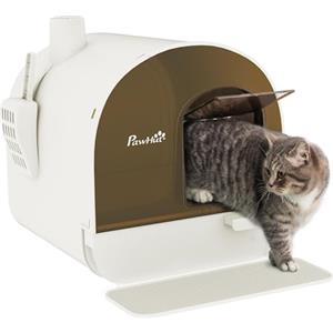 PawHut Lettiera per Gatti Chiusa, Casetta con Vassoio Estraibile, Paletta, Porta e Filtri Antiodore, Toilette per Gatti Antipertita con Tappetino, Bianco e Nero
