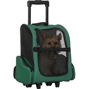 PawHut Trasportino Zaino 2 in 1 per Cani e Gatti con Tasche Laterali, Maniglia Telescopica e Ruote, 42x25x55cm, Verde