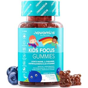 Novomins Concentrazione Bambini Gommose - Iodio per la Funzione Cognitiva + Vitamine B6, B12 e Acido Pantotenico - con Lion's Mane e Ashwagandha - Vegano, Senza Glutine - 30 Gommose - Novomins