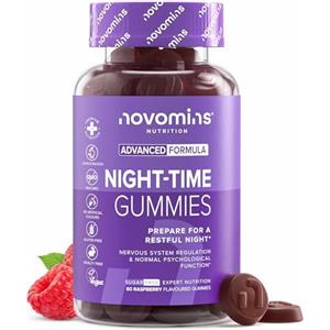Novomins Sonno Gommose - con L-Teanina, Camomilla, Lavanda, Magnesio e Vitamine B6 e B12 - Funzione Psicologica - Senza Melatonina, Vegan, 60 Gommose Gusto Lampone - Novomins