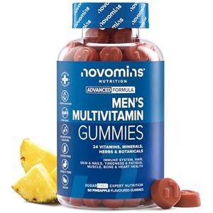 Novomins Multivitaminico Uomo Gommose - 24 Vitamine e Minerali con Zinco, CoQ10 e Ginseng - Energia, Testosterone (Zinco) e Sistema Immunitario - Vegan, 60 Gommose Gusto Ananas - Novomins
