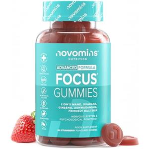Novomins Concentrazione Gommose - con Caffeina, L-Teanina, Ginseng, Lion's Mane, Ginkgo e Ashwagandha - Vitamina B12 per la Funzione Psicologica - Vegan, 60 Gommose Gusto Fragola - Novomins