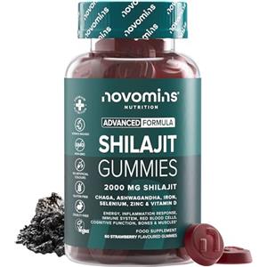 Novomins Shilajit Gommose - 2000 mg con Ashwagandha, Chaga, Ferro, Selenio, Zinco e Vitamina D - Funzione Cognitiva (Ferro) ed Energia - Vegan, 60 Gommose Gusto Fragola - Novomins