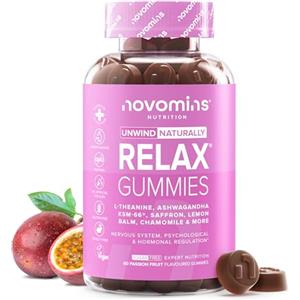 Novomins Relax Gommose - con Ashwagandha KSM-66, L-Teanina, Zafferano, Melissa e Camomilla - Vitamine B6 e B12 per Funzione Psicologica - Vegan, 60 Gommose Gusto Frutto della Passione - Novomins
