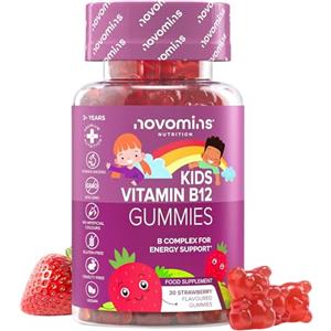 Novomins Vitamina B12 Bambini Gommose - Complesso Vitamine del Gruppo B (B12, B6, Acido Folico, Biotina) - Energia e Sistema Nervoso - Vegane, Senza Glutine - 30 Gommose Gusto Fragola - Novomins