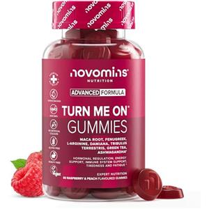 Novomins Turn Me On Gommose Donna - con Zinco, Vitamina B6 e B12, Maca, Damiana e Ashwagandha - Equilibrio Ormonale (B6) e Fertilita (Zinco) - Vegan, 60 Gommose Gusto Lampone e Pesca - Novomins