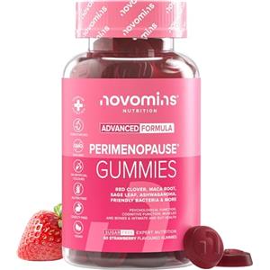 Novomins Gommose Perimenopausa e Menopausa - Integratore Donna con Trifoglio Rosso, Salvia, Ashwagandha, Zinco e Vitamina B6 - Equilibrio Ormonale - Senza Zucchero, Vegane - 60 Gommose Gusto Fragola - Novomins