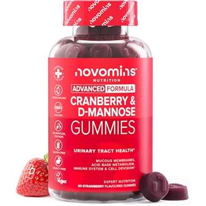 Novomins Mirtillo Rosso e D-Mannosio Gommose - 600 mg Mirtillo + 400 mg D-Mannosio - con Zinco e Biotina - Vegan, Senza Glutine - 60 Gommose Gusto Fragola - Novomins