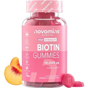 Novomins Biotina Capelli Gommose - 10.000 mcg Alta Concentrazione - Integratore per Capelli e Pelle - Vegano, Senza Glutine - 60 Gommose (2 Mesi) Gusto Pesca - Novomins