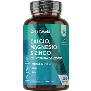 WeightWorld Magnesio Zinco Calcio Vegano con Vitamina D3 K2 MK-7, 400 Compresse (13+ Mesi di Fornitura), 1 al Giorno, Calcio Magnesio Zinco Integratore, Complex Contenente Minerali Come Rame e Selenio, Senza OGM