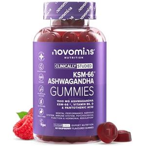 Novomins Ashwagandha KSM-66 Gommose - 1500 mg (Estratto 10:1) - con Vitamina B6, D e Acido Pantotenico - Vegano, Senza Zucchero, Senza Glutine - 60 Gommose Gusto Lampone - Novomins