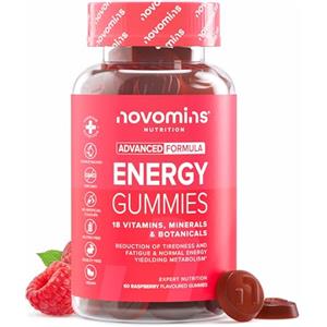 Novomins Energia Gommose Senza Caffeina - Integratore con Vitamine B, Vitamina C, Ferro e Manganese - Maca, Creatina, Taurina e Ginseng - Metabolismo Energetico - 60 Gommose Gusto Lampone - Novomins