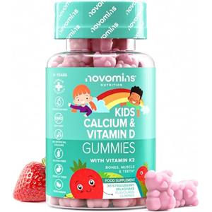 Novomins Calcio Vitamina D e K2 Bambini Gommose - Calcio 160mg + Vitamina D3 400 UI - Ossa e Denti Normali - Vegetariano, Senza Glutine - 30 Gommose Gusto Fragola - Novomins