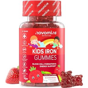 Novomins Ferro Bambini Gommose - Ferro + Vitamina C per l'Assorbimento - Energia, Globuli Rossi e Difese - Vegano, Senza Glutine - 30 Gommose Gusto Fragola - Novomins