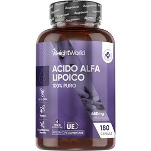 WeightWorld Acido Alfa Lipoico,100% Puro, 650mg per Capsula,180 Capsule,1 al Giorno (6 Mesi di Scorta), Acido Lipoico, ALA Integratore, Vegano, Privo di Magnesio Stearato e Senza Glutine né OGM, Prodotto in UE