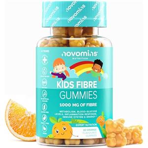 Novomins Fibre Bambini Gommose - 1000 mg Inulina con Cromo, Vitamina D e B12 - Sistema Immunitario (Vit D) e Metabolismo (Cromo) - Vegan, 30 Gommose Gusto Arancia - Novomins