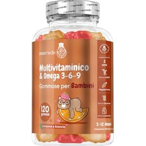 maxmedix Vitamine Bambini 120 Gommose (2 Mesi) con Omega 3 6 9, 12 Vitamine con Zinco e Inositolo, Senza Glutine, Multivitaminico Bambini, Gusto di Lampone e Arancia, per Vegetariani, Adatto dai 3 ai 12 Anni