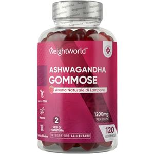 WeightWorld Ashwagandha Gommose 1200mg, 120 Caramelle Vegane, (2 Mesi di Fornitura), al Gusto Lampone, Gommose con Ashwagandha Polvere, Estratto 30:1 di Radice Withania Somnifera (Ginseng Indiano), Senza Glutine