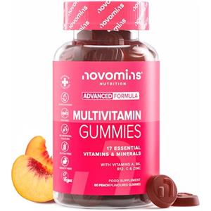 Novomins Multivitaminico Gommose - con Vitamine A, B6, B12, Acido Folico, Biotina, Zinco e Omega 3 - Energia e Sistema Immunitario - Vegan, 60 Gommose Gusto Pesca - Novomins