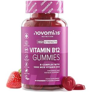 Novomins Vitamina B12 Gommose - 1000 mcg con Vitamina C, B6, Biotina e Complesso B - Energia e Riduzione della Stanchezza - Vegan, 60 Gommose Gusto Fragola - Novomins