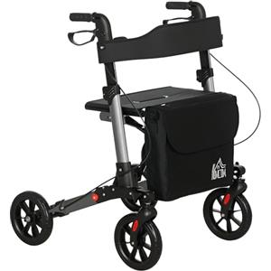 HOMCOM Deambulatore per Anziani Pieghevole ad Altezza Regolabile, Rollator Deambulatore con Seduta, 4 Ruote, Freni Doppie e Borsa Portaoggetti, Girello per Anziani e Disabili in Alluminio, Nero