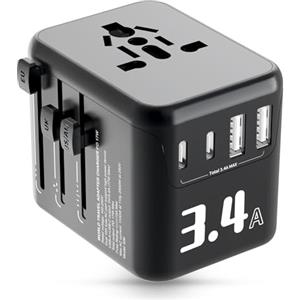 Alyvisun Adattatore Universale da Viaggio, con 2 Porte USB-C e 2 USB-A (5V 3,4A/17W), Tutto-in-Uno Presa Universale da Viaggio con Fusibile da 10A, Compatibile con Europa, USA, Regno Unito, AU, ecc