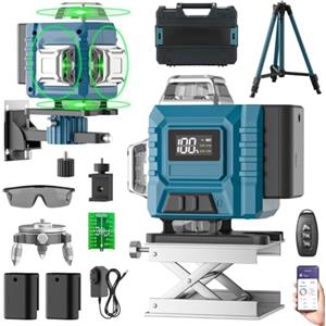 Kevsuvqin Livella Laser con Treppiede,Livella Laser Autolivellante 360 con 2x3000mAh Batterie & Indicatore LED, 4X 360 °Livello Laser,16 Linee Laser Verde/APP/Telecomando/IP54 Impermeabile,Antipolvere