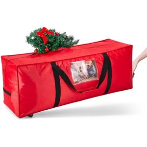 OUSFOT Porta Albero di Natale, per Alberi Fino a 2,4-2,7 m, Tessuto Oxford 1680D con Ruote, Cerniera e Manici Rinforzati, Rosso, Adatto per Riporre Fecorazioni Natalizie