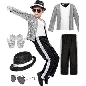Generico Costumi di Halloween per Bambini Ragazzi 5-11 Anni Michael Jackson Abbigliamento Stage Performance Dancewear,Set 6 Pezzi con Giacca Nera con Paillettes,Pantaloni, Cappello,Guanto Spettacoli Halloween