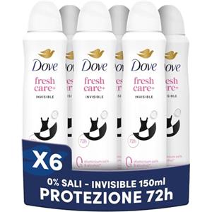 Dove Deodorante Spray Fresh+ Care 0% Sali Invisible, Deodorante 72 Ore Protezione Sudore e Odori, Anti Macchie sui Vestiti, con Zinco Antibatterico, 0% Sali di Alluminio, 6 pezzi da 150ml