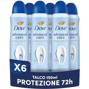 Dove Deodorante Spray Advanced Care Talco, con Formula Idratante e Delicata sulla Pelle, Senza Alcol, Pelle Asciutta Fino a 72 Ore, Deodorante Uomo e Donna, 6 Pezzi da 150ml