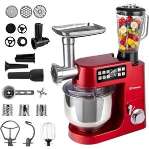 LEHMANN Teyles Impastatrice Planetaria Professionale 2100W 8L con Bilancia Integrata, Touchscreen e Ciotola Riscaldata, Blender 1,5L, Tritacarne, Planetaria per Pane e Pizza, Rosso