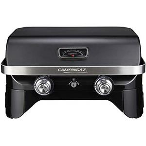 Campingaz Attitude 2100 LX griglia a gas, griglia da tavolo portatile, 2 bruciatori in acciaio, potenza di 5 kW, griglia a gas per campeggio con coperchio, termometro, griglia e plancha in ghisa