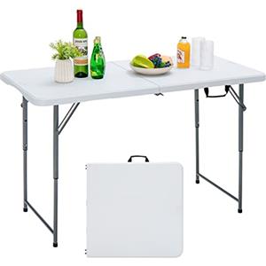 KOMFOTTEU Tavolo Pieghevole Regolabile in Altezza, Tavolo Campeggio Richiudibile e Portatile con Maniglia di Trasporto, Tavolo Picnic Salvaspazio in HDPE, Telaio in Ferro, 120 x 60 x 74,5 cm, Bianco